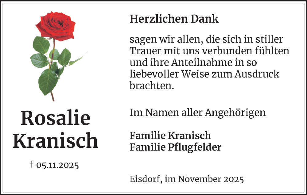 Traueranzeige für Rosalie Kranisch vom 06.12.2025 aus Harz Kurier