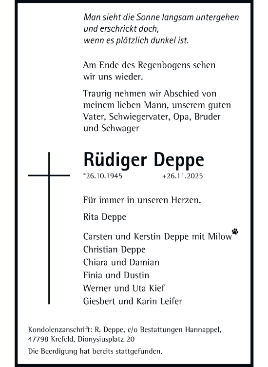 Traueranzeige von Rüdiger Deppe von Harz Kurier