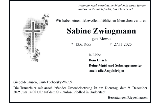Traueranzeige von Sabine Zwingmann von Harz Kurier