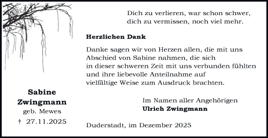 Traueranzeige von Sabine Zwingmann von Harz Kurier