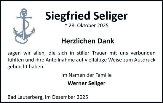 Traueranzeige von Siegfried Seliger von Harz Kurier