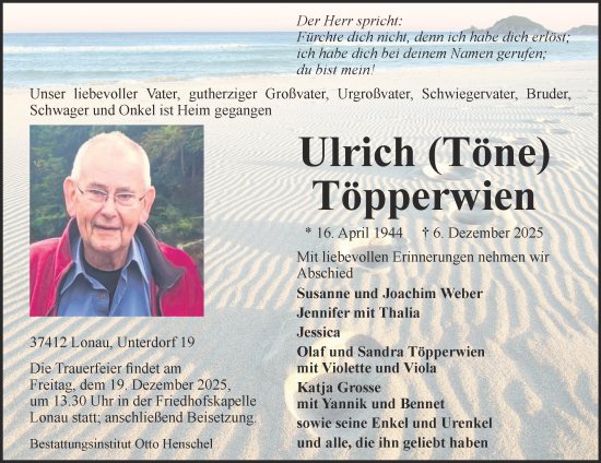 Traueranzeige von Ulrich Töpperwien von Harz Kurier