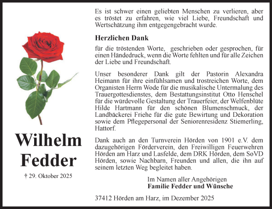 Traueranzeige von Wilhelm Fedder von Harz Kurier