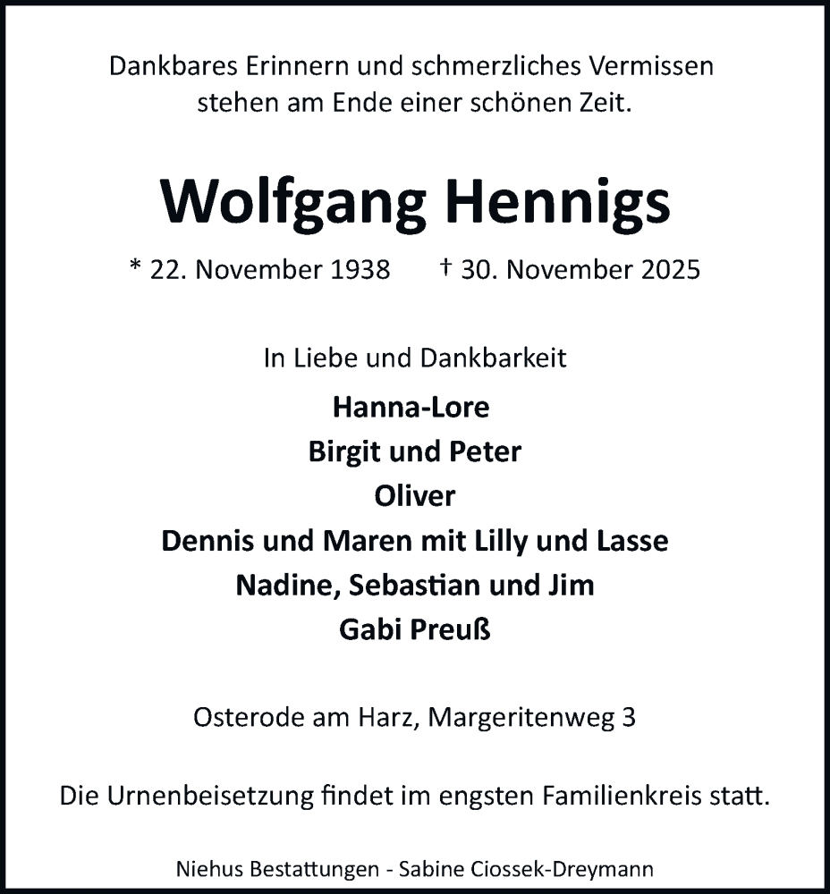  Traueranzeige für Wolfgang Hennigs vom 06.12.2025 aus Harz Kurier