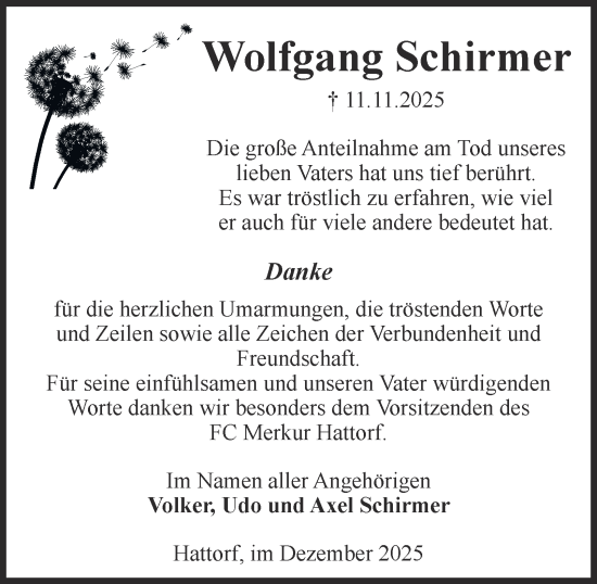 Traueranzeige von Wolfgang Schirmer von Harz Kurier