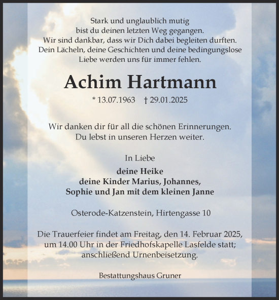 Traueranzeige von Achim Hartmann von Harz Kurier