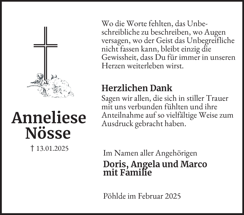  Traueranzeige für Anneliese Nösse vom 15.02.2025 aus Harz Kurier