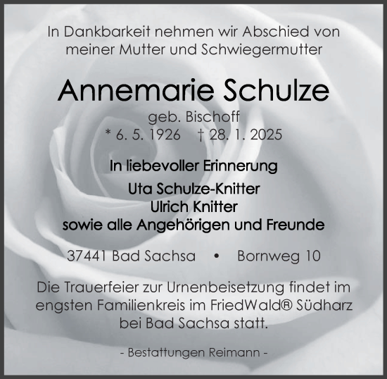 Traueranzeige von Annemarie Schulze von Harz Kurier