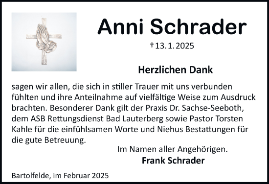 Traueranzeige von Anni Schrader von Harz Kurier