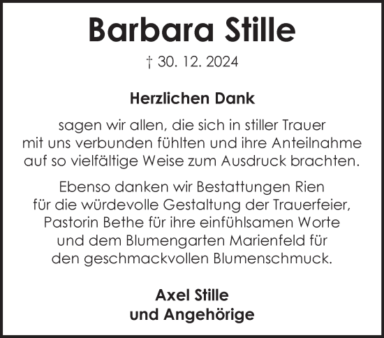 Traueranzeige von Barbara Stille von Harz Kurier