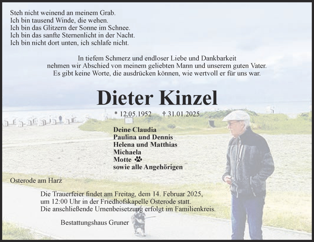  Traueranzeige für Dieter Kinzel vom 08.02.2025 aus Harz Kurier