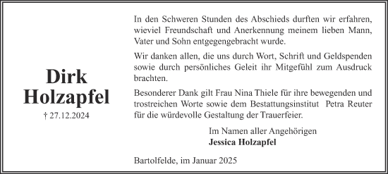 Traueranzeige von Dirk Holzapfel von Harz Kurier