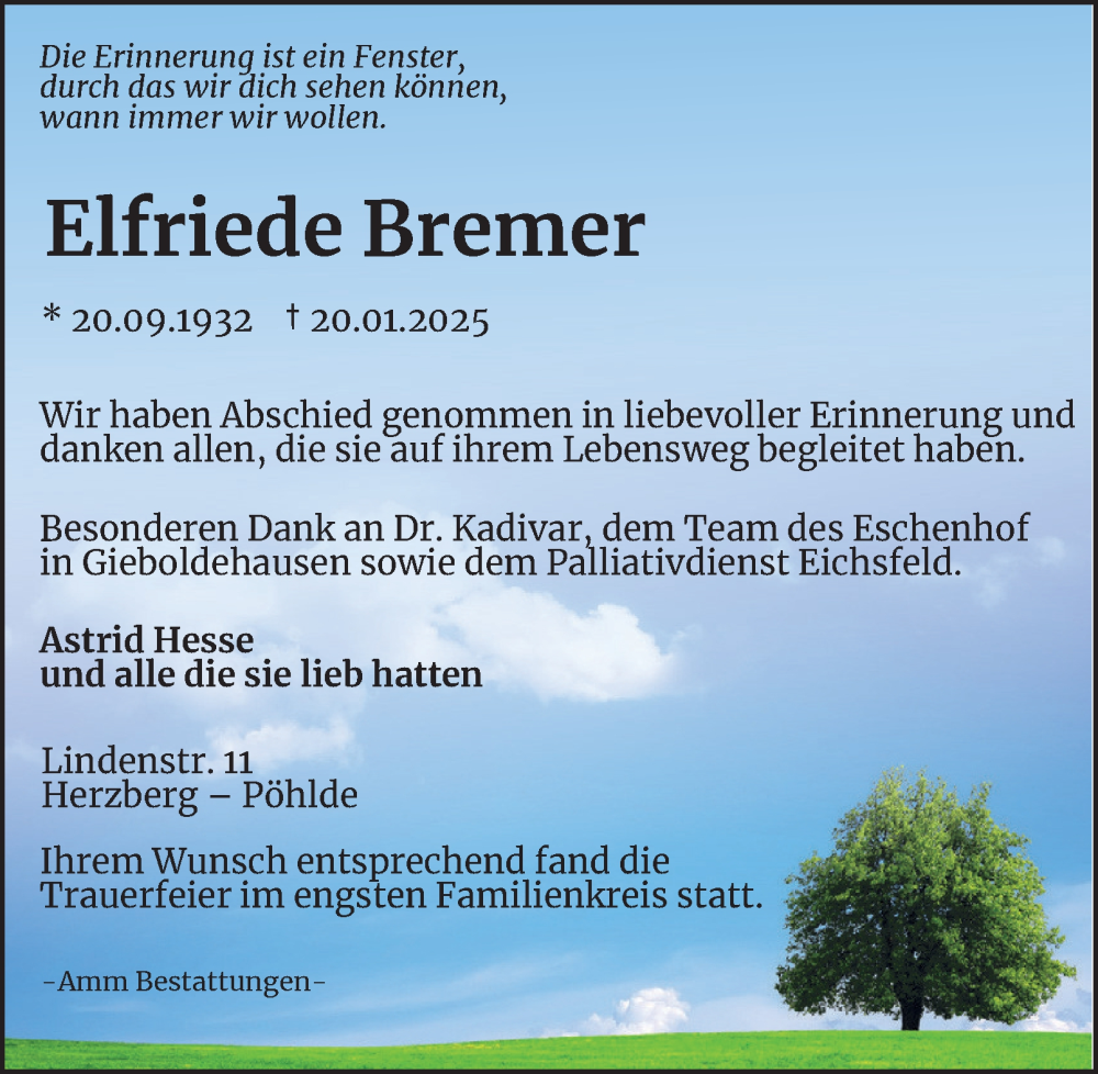  Traueranzeige für Elfriede Bremer vom 15.02.2025 aus Harz Kurier