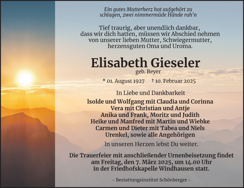  Traueranzeige für Elisabeth Gieseler vom 22.02.2025 aus Harz Kurier