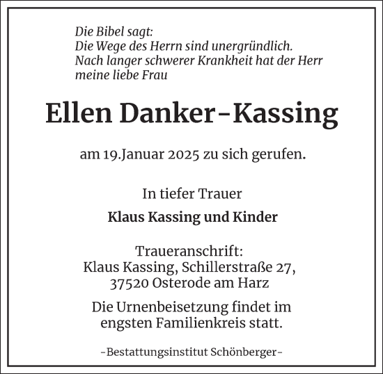 Traueranzeige von Ellen Danker-Kassing von Harz Kurier