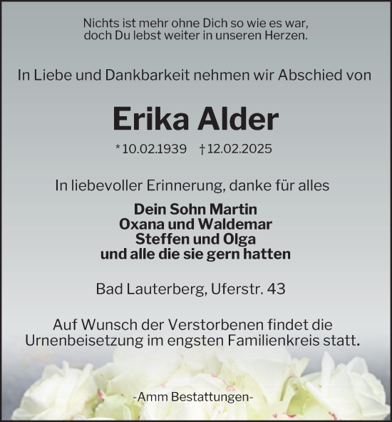Traueranzeige von Erika Alder von Harz Kurier
