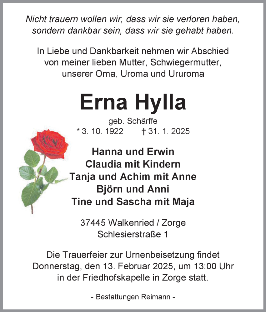  Traueranzeige für Erna Hylla vom 08.02.2025 aus Harz Kurier