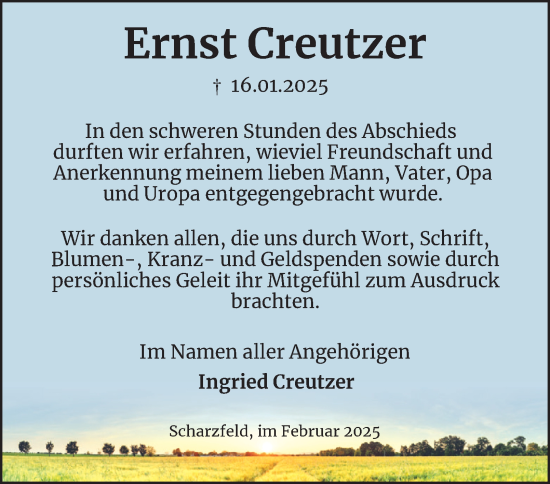 Traueranzeige von Ernst Creutzer von Harz Kurier