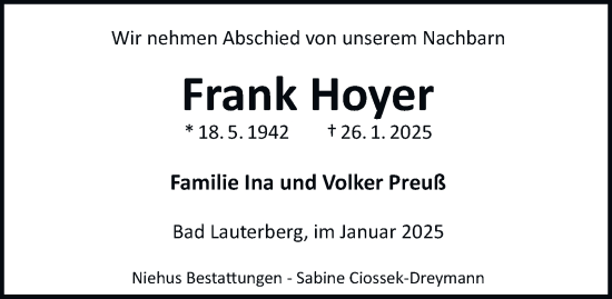 Traueranzeige von Frank Hoyer von Harz Kurier