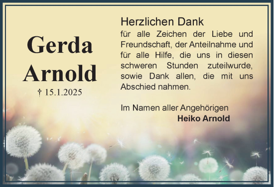 Traueranzeige von Gerda Arnold von Harz Kurier