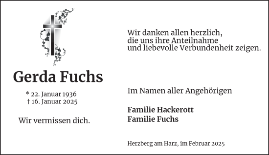 Traueranzeige von Gerda Fuchs von Harz Kurier