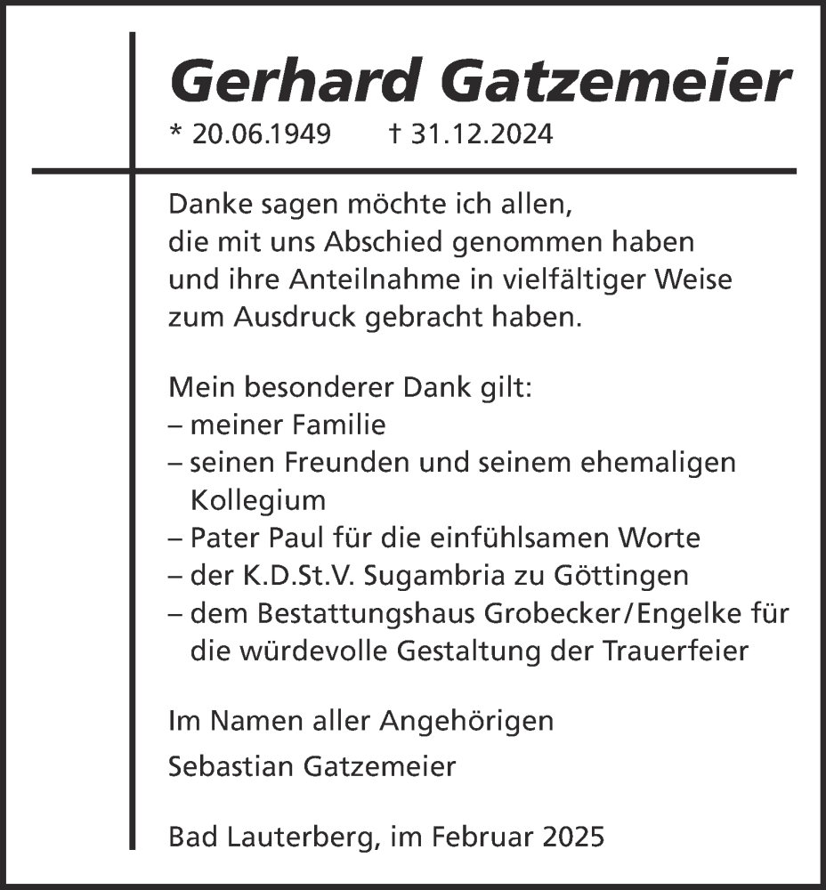  Traueranzeige für Gerhard Gatzemeier vom 01.02.2025 aus Harz Kurier