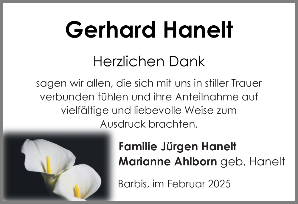  Traueranzeige für Gerhard Hanelt vom 08.02.2025 aus Harz Kurier