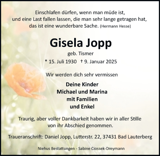 Traueranzeige von Gisela Jopp von Harz Kurier