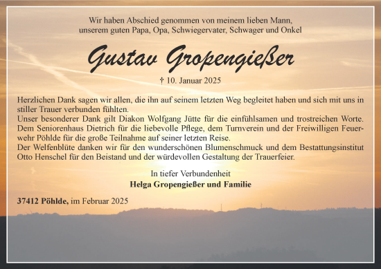 Traueranzeige von Gustav Gropengießer von Harz Kurier