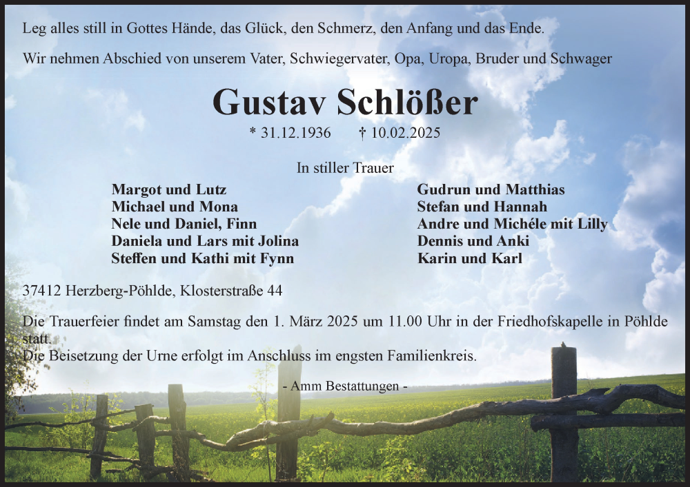  Traueranzeige für Gustav Schlößer vom 22.02.2025 aus Harz Kurier