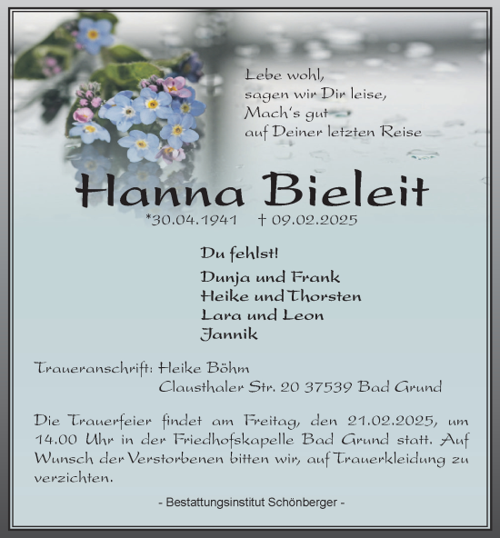 Traueranzeige von Hanna Bieleit von Harz Kurier