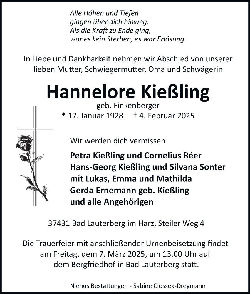  Traueranzeige für Hannelore Kießling vom 22.02.2025 aus Harz Kurier