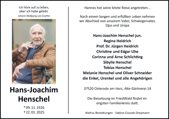 Traueranzeige von Hans-Joachim Henschel von Harz Kurier