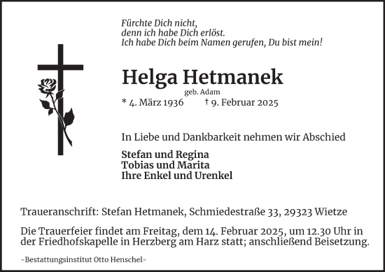 Traueranzeige von Helga Hetmanek von Harz Kurier