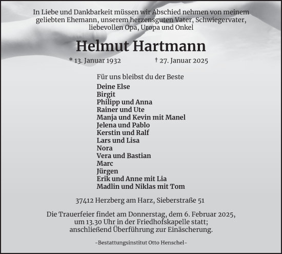 Traueranzeige von Helmut Hartmann von Harz Kurier