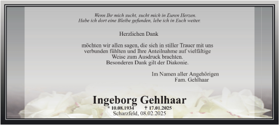 Traueranzeige von Ingeborg Gehlhaar von Harz Kurier
