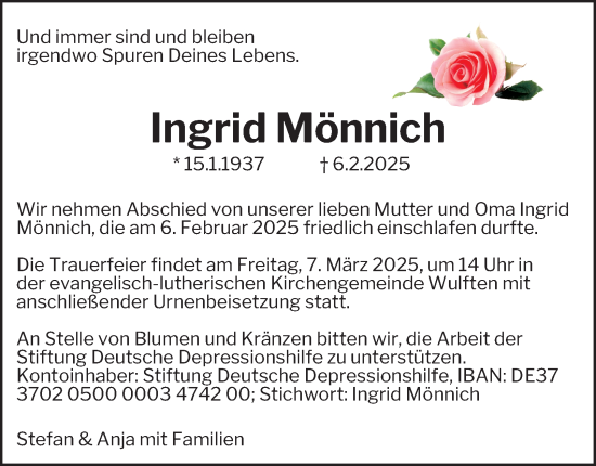 Traueranzeige von Ingrid Mönnich von Harz Kurier