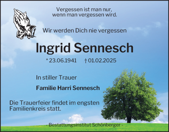 Traueranzeige von Ingrid Sennesch von Harz Kurier