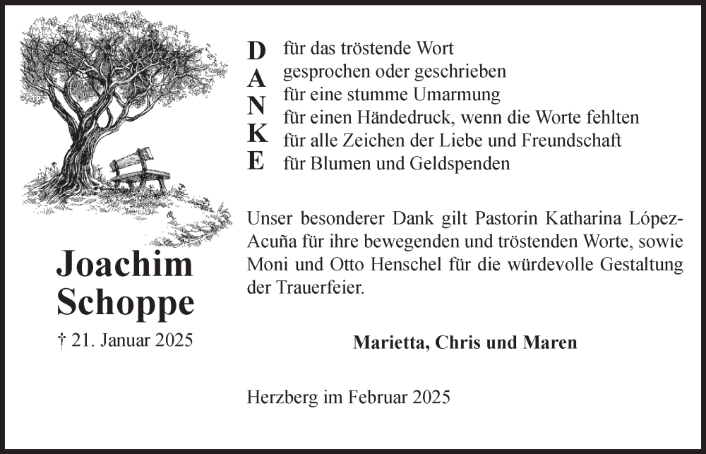  Traueranzeige für Joachim Schoppe vom 15.02.2025 aus Harz Kurier