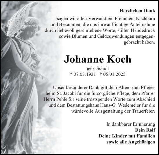 Traueranzeige von Johanne Koch von Harz Kurier