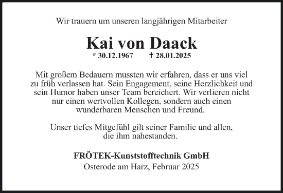 Traueranzeige von Kai von Daack von Harz Kurier