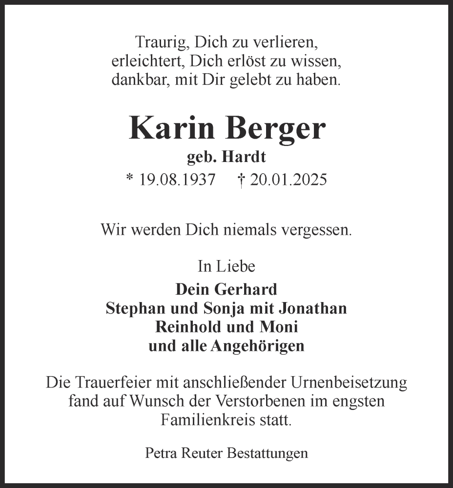  Traueranzeige für Karin Berger vom 22.02.2025 aus Harz Kurier