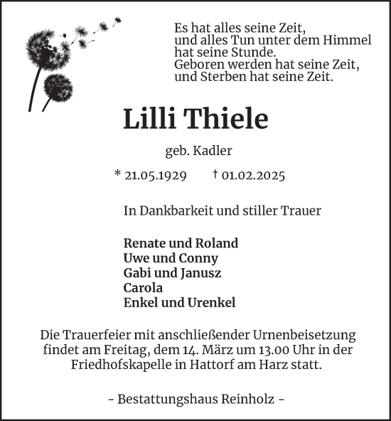 Traueranzeige von Lilli Thiele von Harz Kurier
