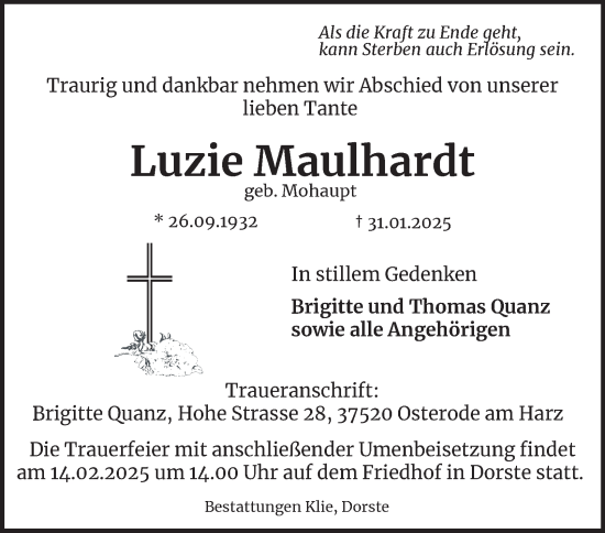 Traueranzeige von Luzie Maulhardt von Harz Kurier