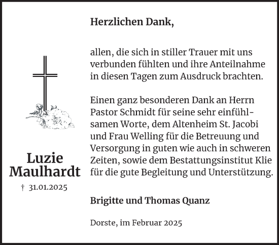 Traueranzeige von Luzie Maulhardt von Harz Kurier