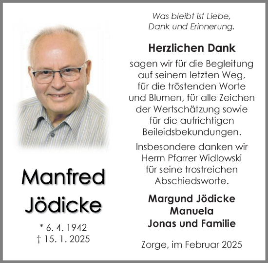 Traueranzeige von Manfred Jödicke von Harz Kurier