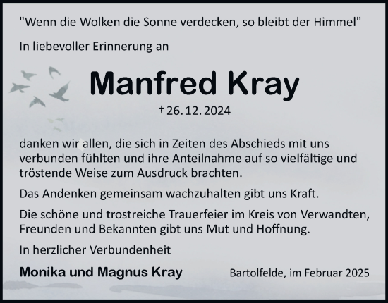 Traueranzeige von Manfred Kray von Harz Kurier