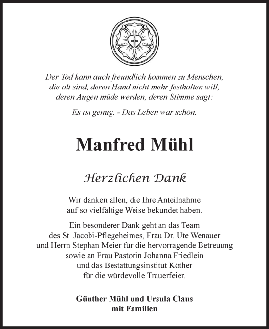 Traueranzeige von Manfred Mühl von Harz Kurier