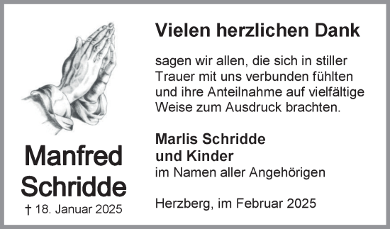 Traueranzeige von Manfred Schridde von Harz Kurier