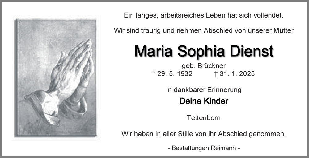  Traueranzeige für Maria Sophia Dienst vom 08.02.2025 aus Harz Kurier
